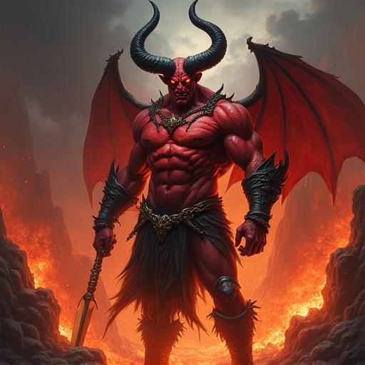 A powerful fantasy-style devil stands in a burning hellscape with deep crimson red skin. He has muscular, scarred arms and black twisted horns. His glowing eyes resemble molten lava. He wears ornate dark armor with infernal engravings. Fiery wings or smoke trails may rise behind him. The ground is cracked revealing lava, and tortured souls writher in shadows. The dark sky is filled with ash and embers, glowing from the inferno. The devil holds a burning weapon. High-detail dark fantasy art with dramatic lighting and fire effects.