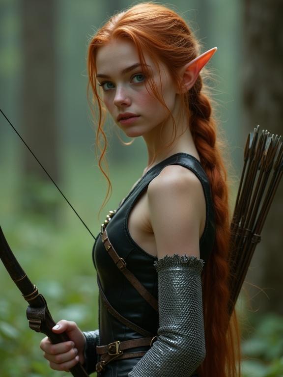 A photorealistic image of a pretty teenaged elf girl with long auburn ponytail and smooth sunkissed skin. She has vibrant blue eyes and an athletic body. Her focused expression complements her sleeveless black leather leotard and a long vest of silvery chainmail armor. The scene is set in a deep forest clearing. She is standing vigilant, holding a bow and arrow with a quiver on her back full of arrows. The shot is zoomed out and captures her full body.