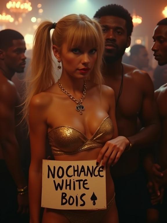 Nightclub scene with a couple. Woman wears a gold bikini and holds a sign saying no chance white bois. She looks intoxicated and flushed. An older large man holds her closely. Full body shot shows other men in the background. The atmosphere is lively and crowded with dim lighting.