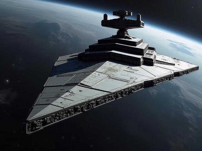 A large starship resembling a star destroyer in space. The ship features sharp angles and a sleek design. It hovers above Earth with a detailed surface.