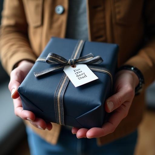 Close-up of a masculine hand holding a gift. Gift wrapped in dark blue paper tied with plaid ribbon. White tag reads 'For the Best Dad.' Hand wearing a classic watch. Blurred warm living room background.