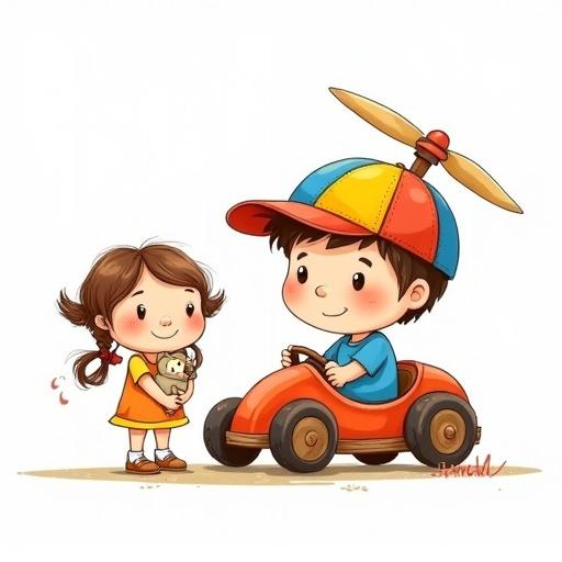 Children's drawing style illustration with a transparent background featuring a boy in a soapbox kart wearing a colorful cap and a girl with pigtails holding a ragdoll. The image has dark brown outlines and flat colors. The background is transparent with no sketchy lines.