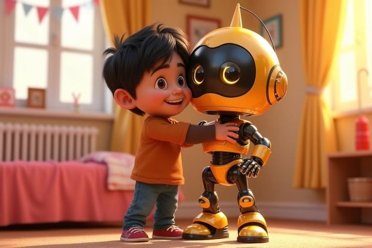 A 5-year-old boy hugs a shiny yellow robot. The robot has a happy human-like face. Scene uses warm daylight colors. The child's expression reflects joy. The background features a festive bedroom with birthday decorations.