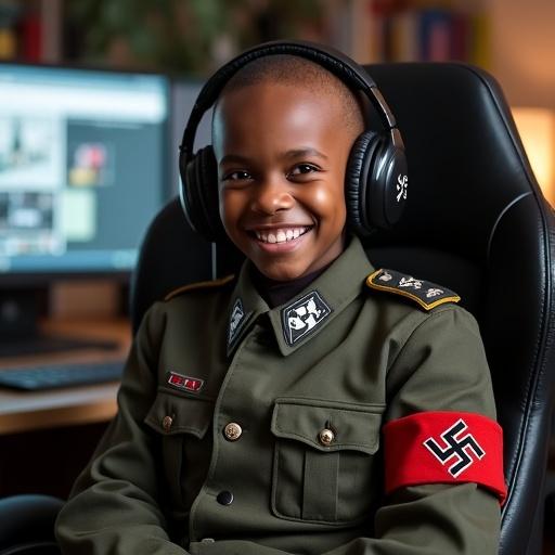 A boy with a big forehead is sitting in a gaming chair. He is wearing headphones and a Nazi German SS uniform. The setting is a home office. He has a mischievous grin.