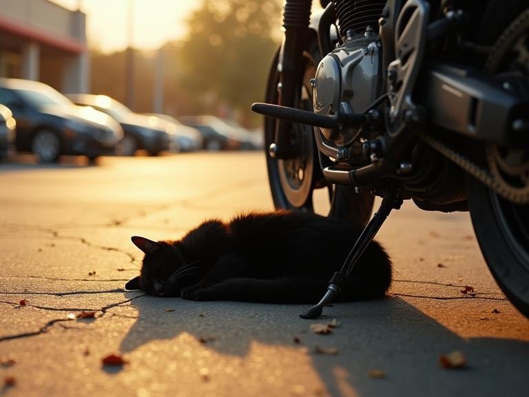 Black cat sleeping under motorcycle in parking lot during golden hour. Warm sunlight casting long shadows. Peaceful atmosphere with cracked asphalt and scattered leaves.