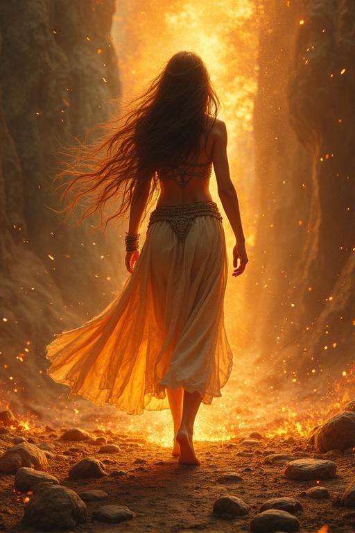 Lira walks barefoot across burning stones. Fiery background illuminates the scene. Sparks rise as part of a leadership rite. The high chieftain watches. A tribute to Royo's art style.