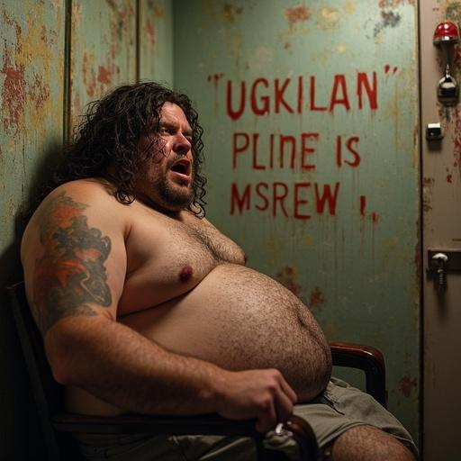Fat priestess of love talking on mobile phone in intimate services salon. Gypsy man present. W4DA written on the wall.