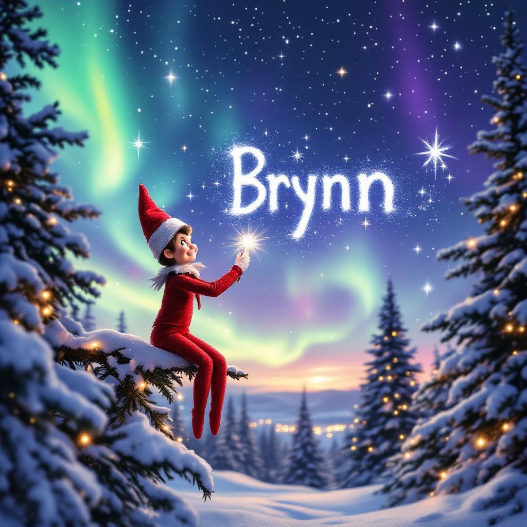 A winter scene featuring a boy Elf on the Shelf writing the name Brynn in the sky with a magic wand against the northern lights in the background.