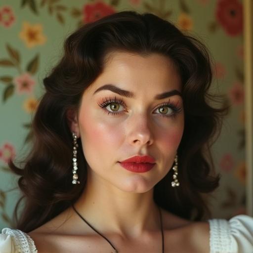 A middle-aged brunette woman dressed in a vintage style stands before floral wallpaper. She has long hair typical of the 1950s and wears long diamond earrings. The model has oversized full lips and a button nose. Her big eyes and intense gaze draw attention. The setting reflects a nostalgic feel with soft lighting. The overall look embodies classic pin-up style.