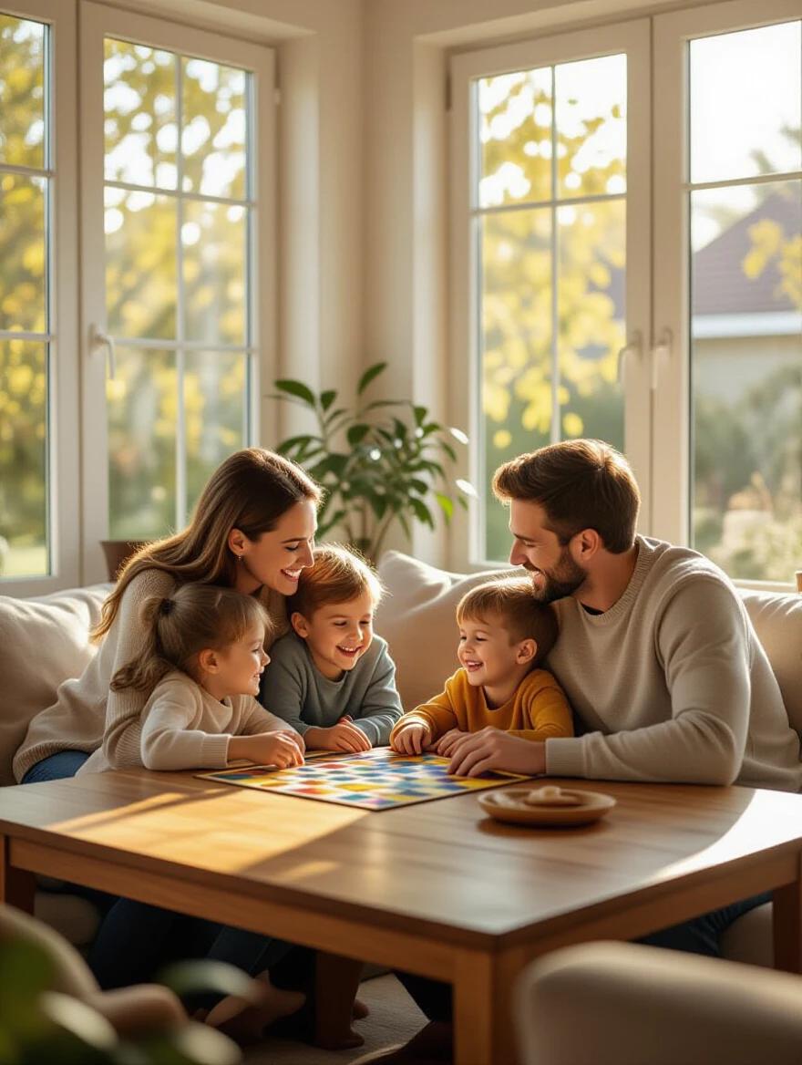 Photorealistic image of happy family of 4 relaxing in bright spacious living room. Parents and children playing board games on wooden table. Genuine smiles and comfortable modern furniture. Large windows displaying green garden. Warm earth tones and soft golden light create cozy atmosphere.