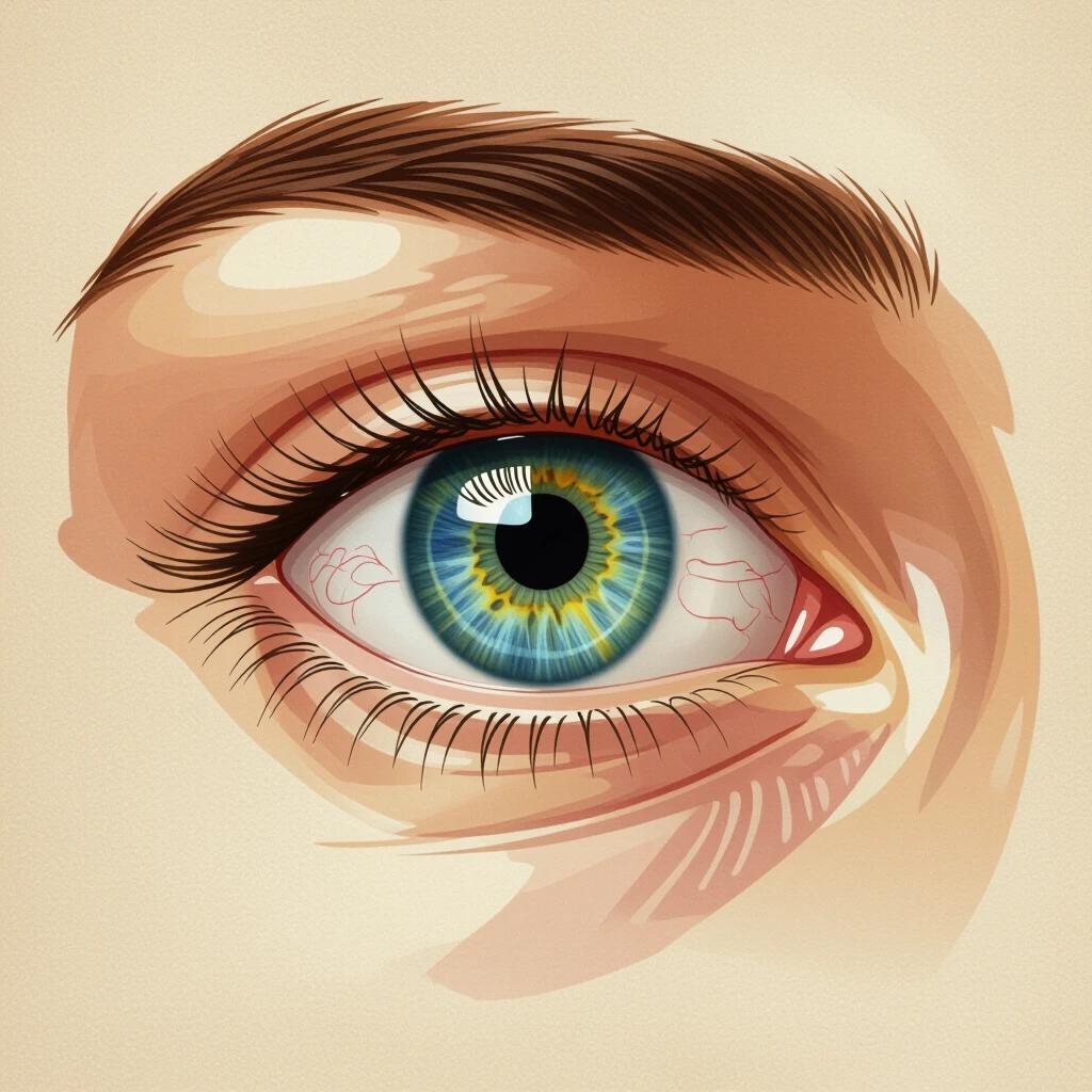 Realistic illustration of a human eye focusing to the right with textbook anatomy style.