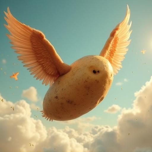 A potato with wings flying through a blue sky with clouds around