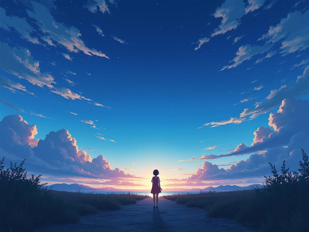 A serene scene depicting a silhouette of a girl standing on a path at dawn. The vibrant sky features clouds illuminated by the rising sun. The natural landscape includes grass and distant mountains, evoking a sense of calm and wonder.