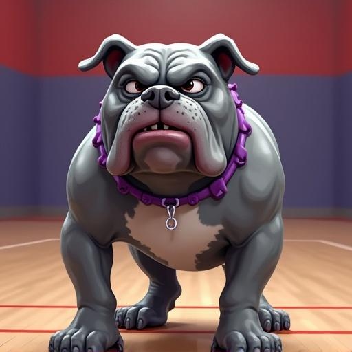 Gray cartoon bulldog with purple collar positioned prominently in high school gym. Cartoonish style, cheerful expression. Bulldog illustrated with arms around a baseball player. Background shows gym context with sports elements.