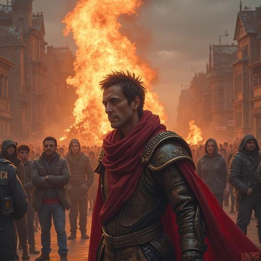 Crea una imagen de un personaje heroico en armadura medieval frente a una multitud asombrada, con fuego en el fondo.