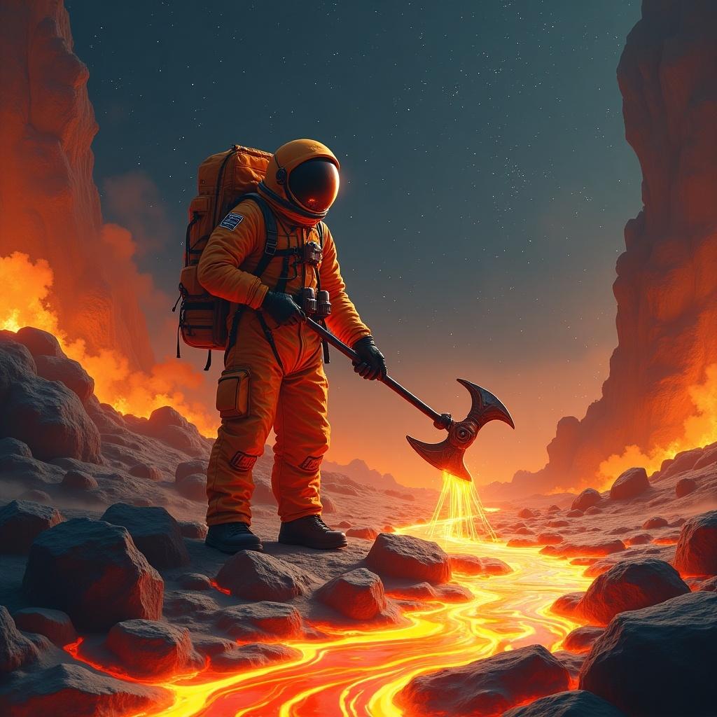 Astronaut in orange spacesuit stands next to flowing lava. Pickaxe in hand on alien planet. Surrounded by fire and a starry sky.