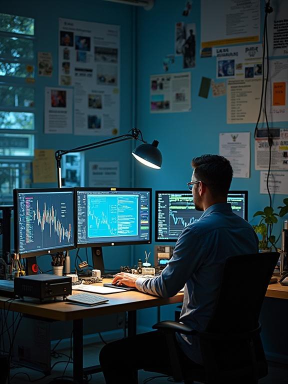 Desk setup of an electrical engineer with multiple computer screens. Displays graphs, charts, and coding interfaces. Bright blue wall helps create a modern workspace ambiance. Task lamp highlights the area. Plants and stationery present.