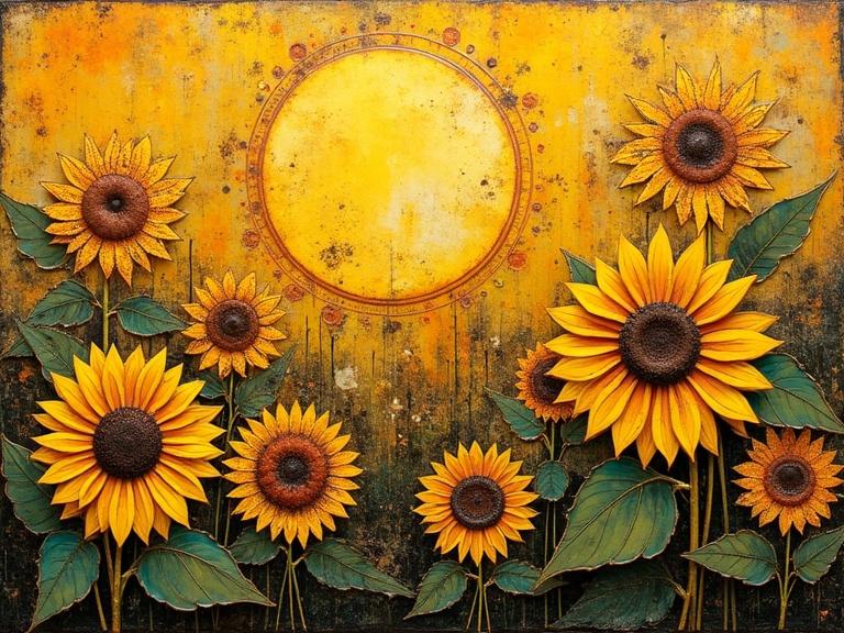 Mixed media artwork featuring sunflowers and a sun. Encaustic style with distressed textures. Gilded and grunge effects. Abstract design with zentangle influence. Rich yellow tones dominate the piece.