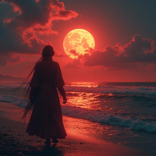 A cinematic scene with a stunning sunset. An elegant figure stands on the beach gazing at the horizon. The colors are vibrant, dominated by reds and oranges. Waves gently lap at the shore. The scene is magical and serene, enhanced by dramatic lighting.