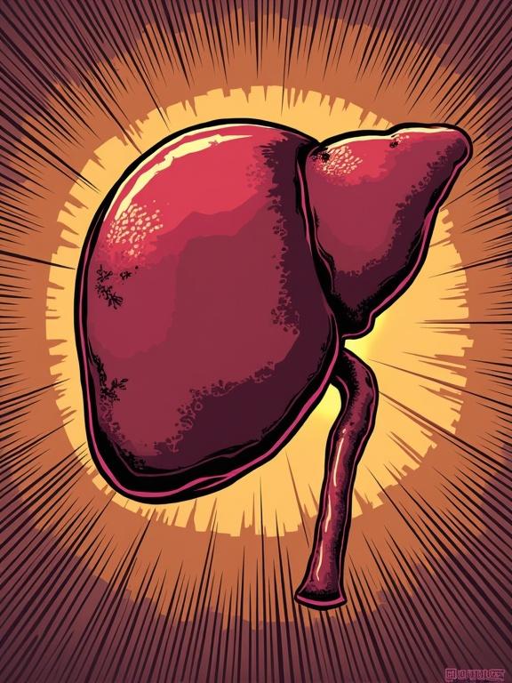 Comic style illustration of a human liver depicted as a superhero. Bright and colorful with a strong emphasis on the liver's shape. Dynamic background radiating energy.