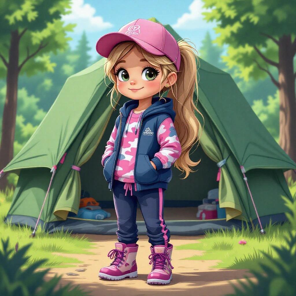 A cartoon girl standing outside a camping tent. She has long dark blonde hair tied in a ponytail. She's wearing a pink baseball cap, a pink camouflage shirt, and a pink tracksuit hoodie around her waist. She wears navy-blue tracksuit pants and pink wellies with purple laces. The scene is bright and cheerful.
