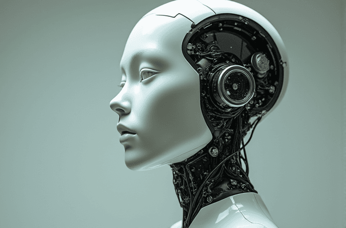 This image features a side profile of a sleek, humanoid robot with a smooth white exterior and visible mechanical components in the head and neck area against a soft, neutral background.