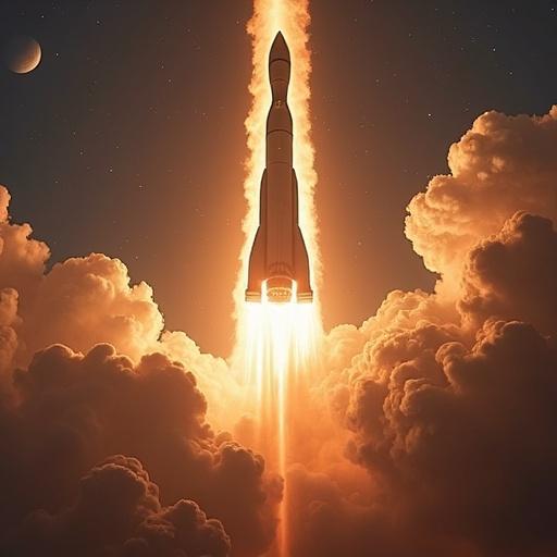 Rocket launching into space from Earth. Bright flames and smoke surround the rocket. Dark sky filled with stars in the background. Dramatic perspective capturing the ascent.