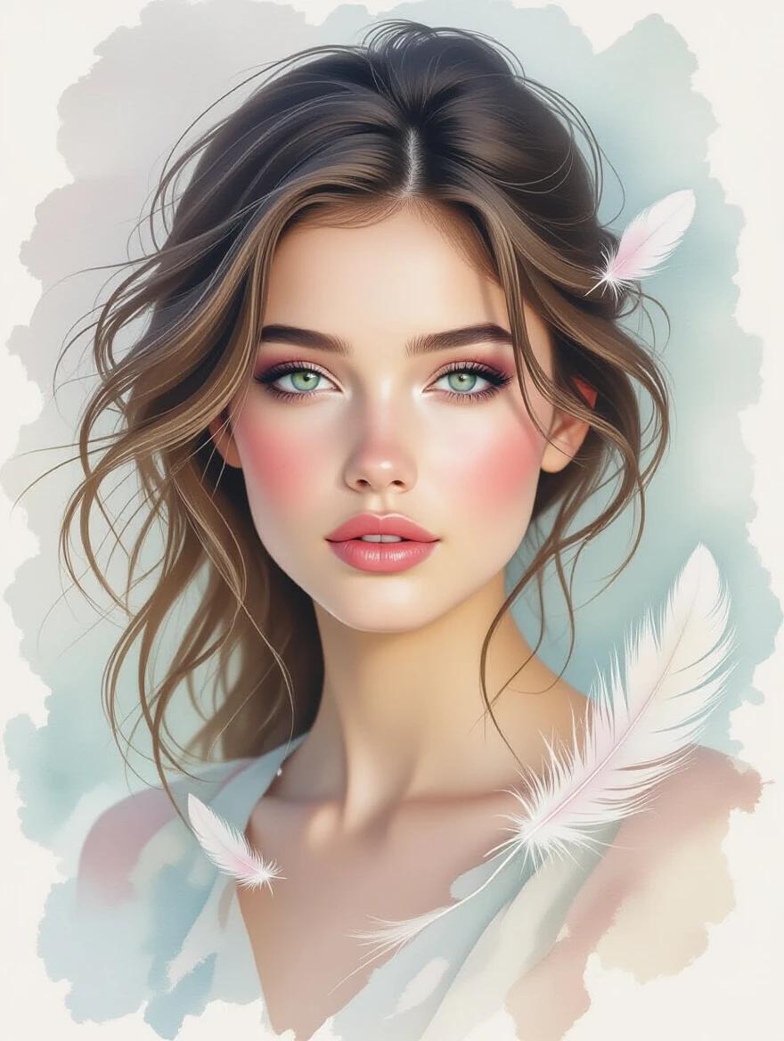 Ethereal young woman with a soft gaze. Flowing hair and watercolor textures. Dreamy portrait with mist and feathers swirling around. Pastel tones and surreal mood. Natural elements blend into background. Delicate lighting and soft brush strokes in a fine art style.