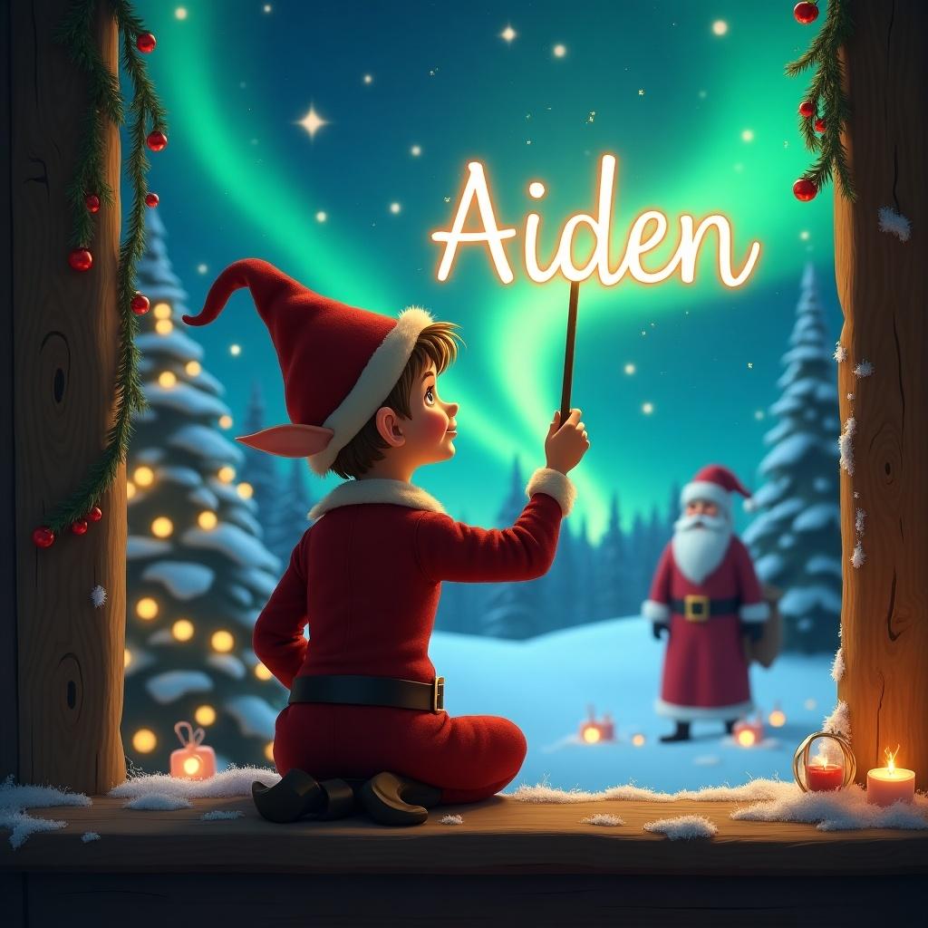 A heartwarming Christmas scene featuring an elf sitting on a windowsill with his back to the viewer, gazing up at the sky. The elf, dressed in a bright red outfit and pointed hat, is using a magical wand to write the name 'Aiden' in glowing letters against a starry night. The backdrop showcases a snowy landscape illuminated by vibrant northern lights and a cheerful Santa Claus standing in the distance. The windowsill is adorned with festive decorations, including string lights and candles, creating a truly enchanting holiday atmosphere.