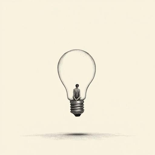 Minimalist tiny human sitting inside a floating lightbulb outline. Minimalist surreal conceptual illustration style emphasizes oversized objects and vast negative space. Clean background and elegant composition highlight a contemporary wall art aesthetic with subtle grain texture exuding a modern poetic tone.
