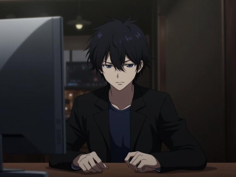 Coffee shop interior. Young man with black messy hair and grey eyes. Dressed in a black jacket and dark blue shirt. Sitting at a table facing a TV. Emitting a slight melancholic vibe while looking intently. Soft ambient lighting in the scene.