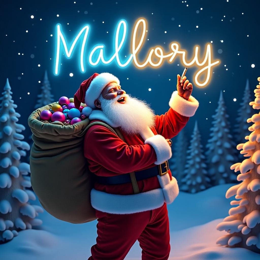 This image features a cheerful Santa Claus in a vibrant red suit. He is joyfully writing the name 'Mallory' in the night sky using a colorful glow pen. The backdrop showcases a cozy winter landscape with snow-covered trees and soft lighting. Colorful ornaments fill his sack, enhancing the festive mood. The scene evokes a sense of magic and wonder, suitable for holiday celebrations. The glowing text in the sky adds a whimsical touch, perfect for a Christmas theme.