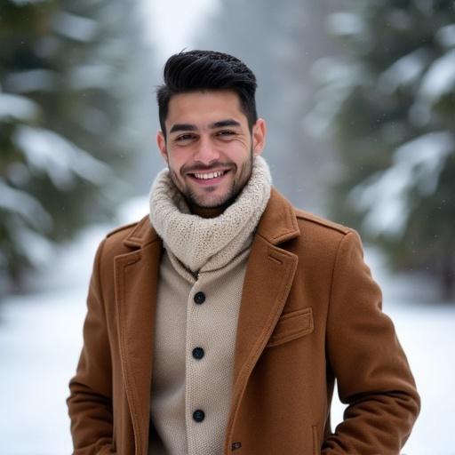 A young man stands in a snowy forest. He has short black hair and light stubble. He wears a stylish brown overcoat over a beige shirt and a cream scarf. He smiles warmly looking at the camera. The background features tall evergreen trees covered in snow.