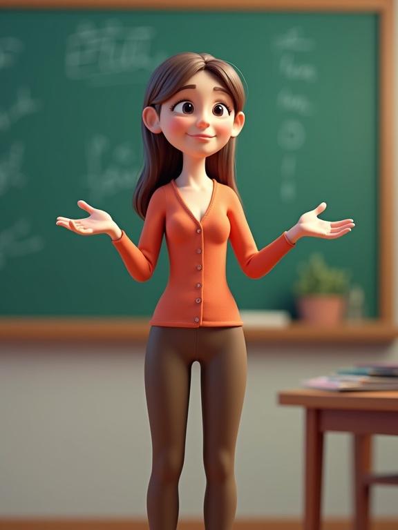 3D character of a teacher with hands up expressing enthusiasm in a classroom setting. The scene includes a chalkboard and a few classroom elements in the background.