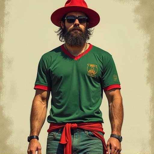 Image of a hipster with a ZZ Top style beard wearing a red beanie and a green shirt with red edges featuring an anarchy symbol. Wears shorts denim, sneakers and sunglasses with earrings.