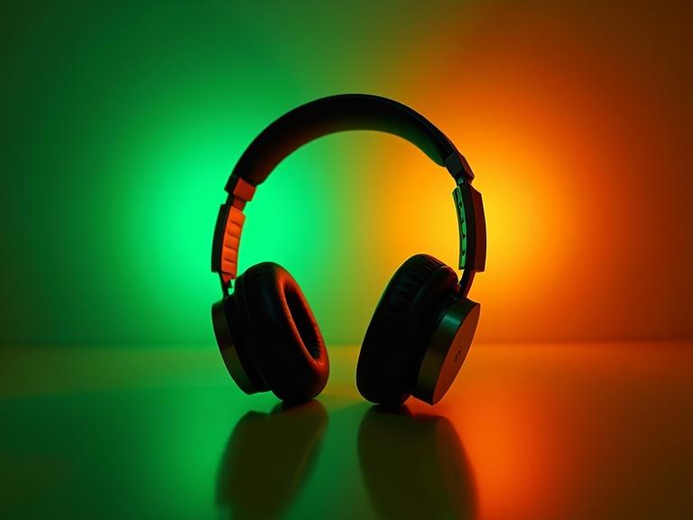 Noise canceling headphones are prominently displayed. Colorful lights create an aura. Light green blends into dark orange. The scene captures a digital gradient. The effect is modern and realistic with miniature illumination.