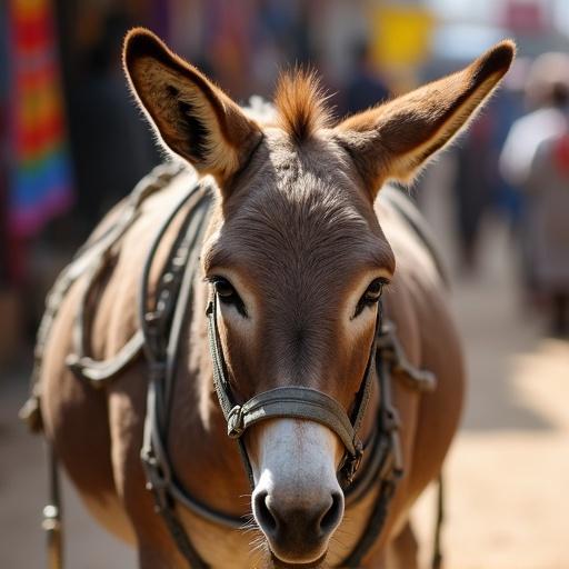 Working donkey on a dusty market path with a weathered harness. Coat has brown and gray hairs with visible sweat marks. Colorful vendor’s cloth stall in the background. Flies near its ears. Candid street photography capturing natural behavior.