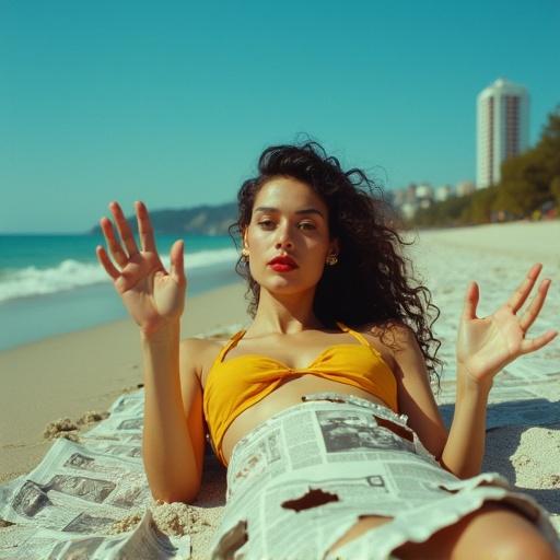 A woman lounging on the beach with newspapers covering her. She has curly hair, a yellow top, earrings, and red lipstick. Arms stretched out in an inviting pose. Background shows blue sky, distant buildings, and trees. Surreal dramatic style with visual impact.