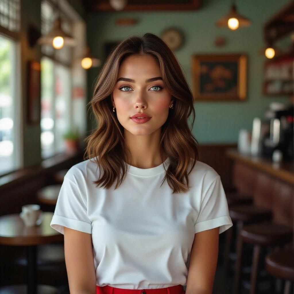 Image of a young woman model wearing a white t-shirt with an 80s pattern and red flared pants in a vintage American cafe. Background has bright colors and a classic 60s atmosphere. The model has shoulder-length light brown hair, blue eyes, and calm demeanor with a cheerful smile.