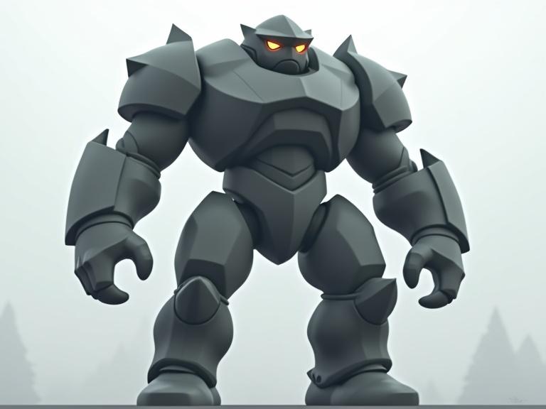 Stylized 3D illustration of a massive armored humanoid creature. The figure has an enormous torso, oversized limbs, and a narrow waist. It is designed with smooth armor surfaces and exaggerated plating. The color is muted gray or black. The background is foggy and minimalist, emphasizing the silhouette of the creature.