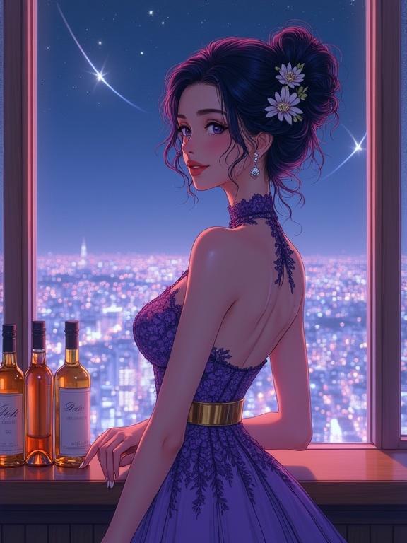 An anime illustration of a beautiful woman in a purple gown with an intricate design. She has dark violet hair styled in an updo and adorned with white flowers. The scene shows her gazing away from the viewer in a retro lounge overlooking a city at night. Shooting stars are visible in the sky. The lighting adds an elegant touch to the illustration, emphasizing her beauty and the gown's details.