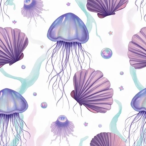 Seamless repeating design featuring jellyfish, seashells, seaweed, and pearls. Soft pastel colors create a magical underwater atmosphere. Transparent background gives a dreamy feel.