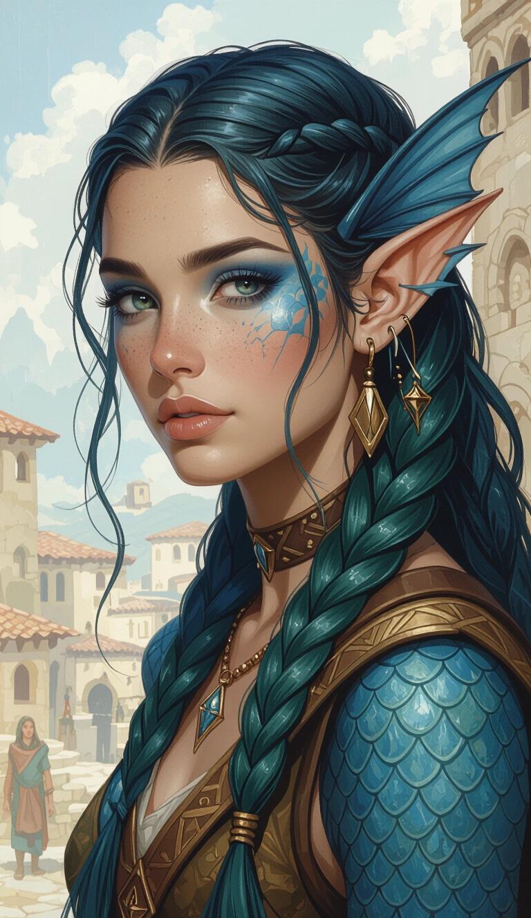 Oil painting style illustration of a young druidic fish-girl. Sharp finned ears and scaled blue skin. Harsh ancient Therosian fantasy port city in the background. Dressed in Theros fantasy clothing. Long green-blue hair styled slick-backed.