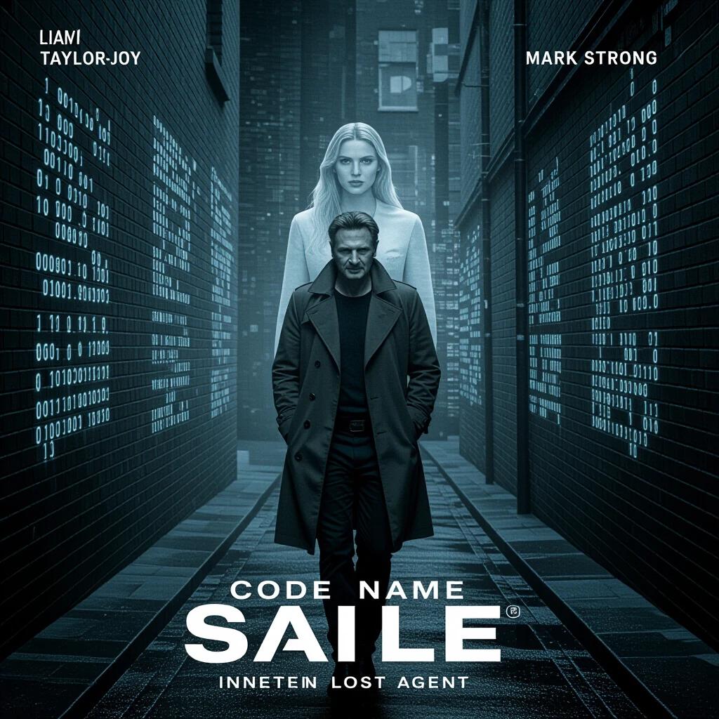 A trench coat figure walks in a rainy London alley filled with digital codes. Ghostlike layers appear behind. Monochrome with glowing overlays. Shadows of London meet digital fog.