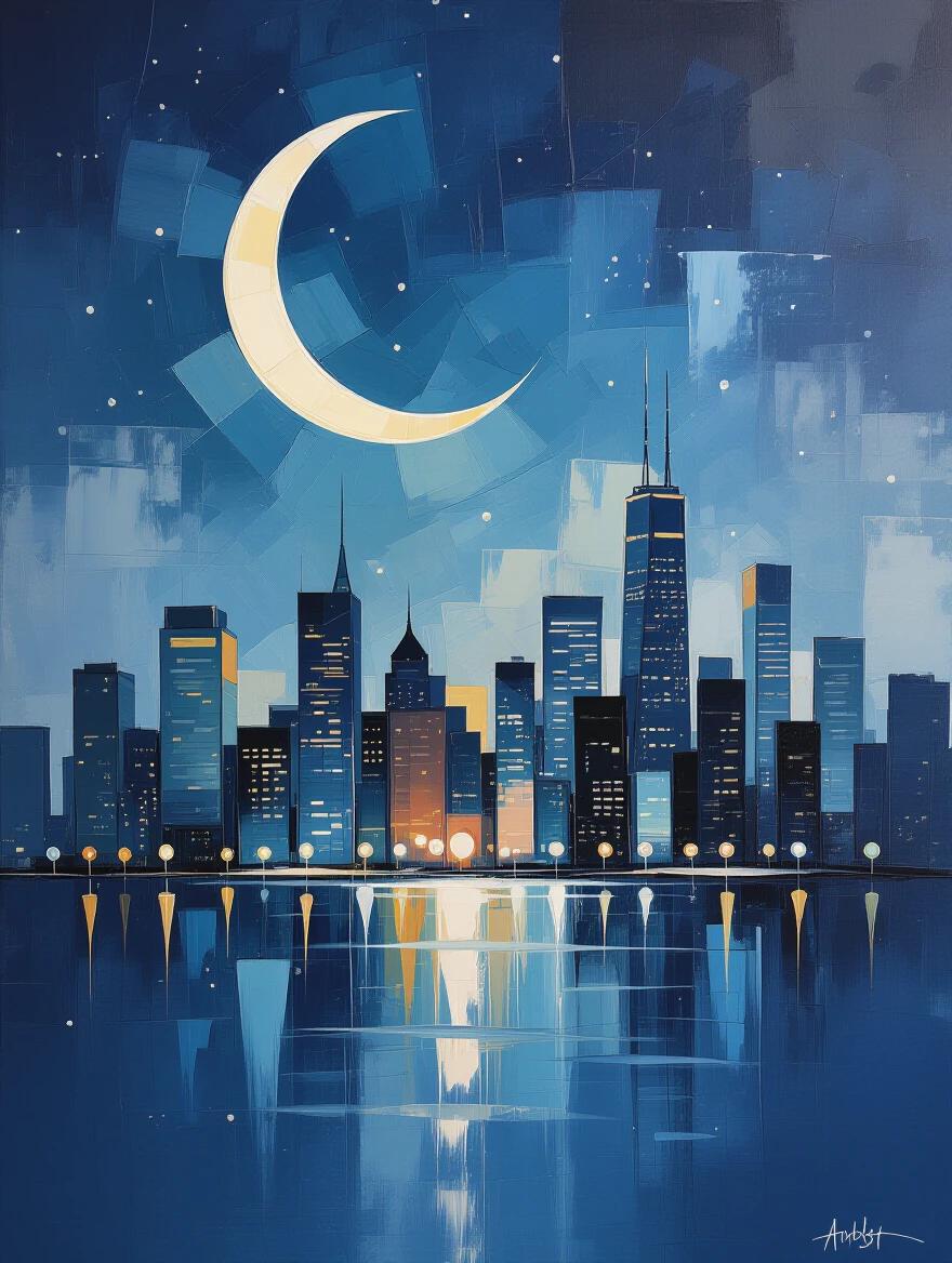 Ultra detailed artistic interpretation of an abstract cityscape with a dreamy atmosphere. A glowing crescent moon hangs in a deep blue night sky above a skyline. Soft textures and expressive strokes capture rich tonal contrast. The reflective water adds depth to the surreal composition, creating a peaceful yet vibrant night scene.