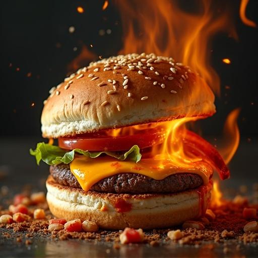 Promotional photo capturing a burger falling apart. Juiciness and heat showcased in intricate detail. Enhanced with HDR for a cinematic look. Processed in Adobe Lightroom for high detail.