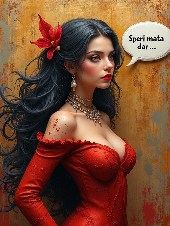 A fantasy-themed portrait of a woman in a luxurious environment. She has long dark hair adorned with a red flower. She wears a rich red dress with intricate details. A speech bubble appears saying 'Speri mata dar...'