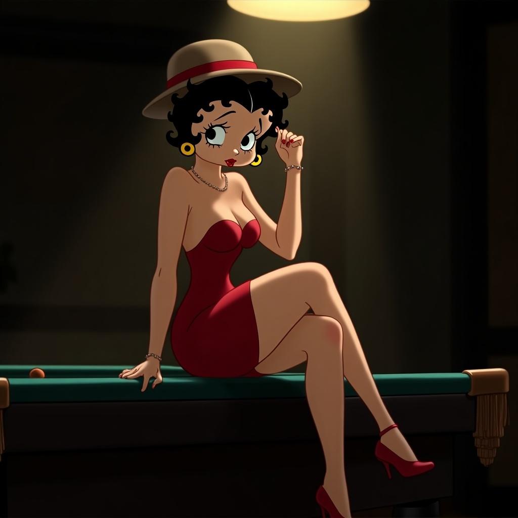 Cartoon character sitting on a pool table. She wears a red dress and fedora. Lighting creates a dramatic effect. The scene represents 1920s flapper culture.