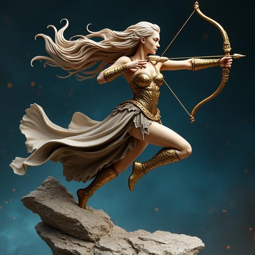Resin statue of a goddess inspired by the Sagittarius sign. Elegant armor with mystical details. Dynamic pose in the air unleashing an arrow from her bow. Expression is fierce and wild. Long hair moved by the wind. Ethereal armor with golden plates and dark leather. Floating rock base with a galactic sky background.