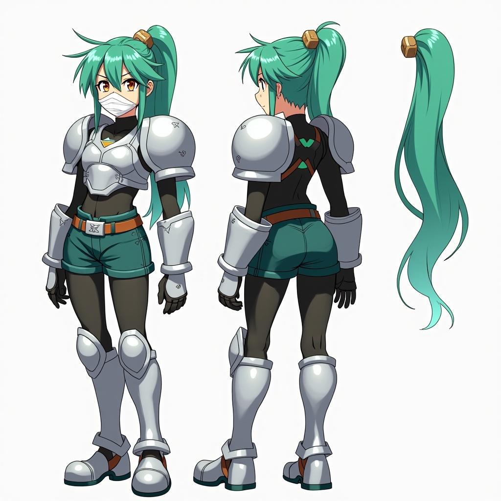 Anime mercenary character with green hair. Bangs are split in the middle. Wears metal shoulder pads and chestplate. Underneath they wear a black shirt. Character has metal gauntlets and shin pads. Posed in front, side, and back views.